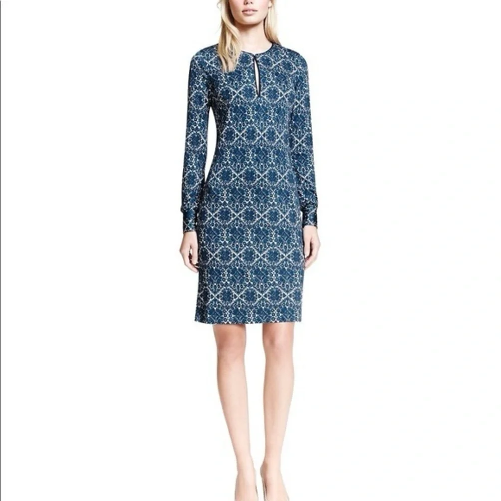 TORY BURCH Walker Long Sleeve‎ Fitted Mini Dress Navy Blue White Size M Keyhole